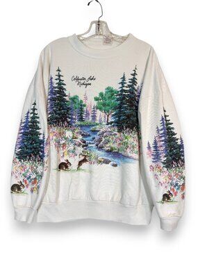 Vintage Sweatshirt 90s White Crewneck Hand Painted Nature Lake Michigan Large